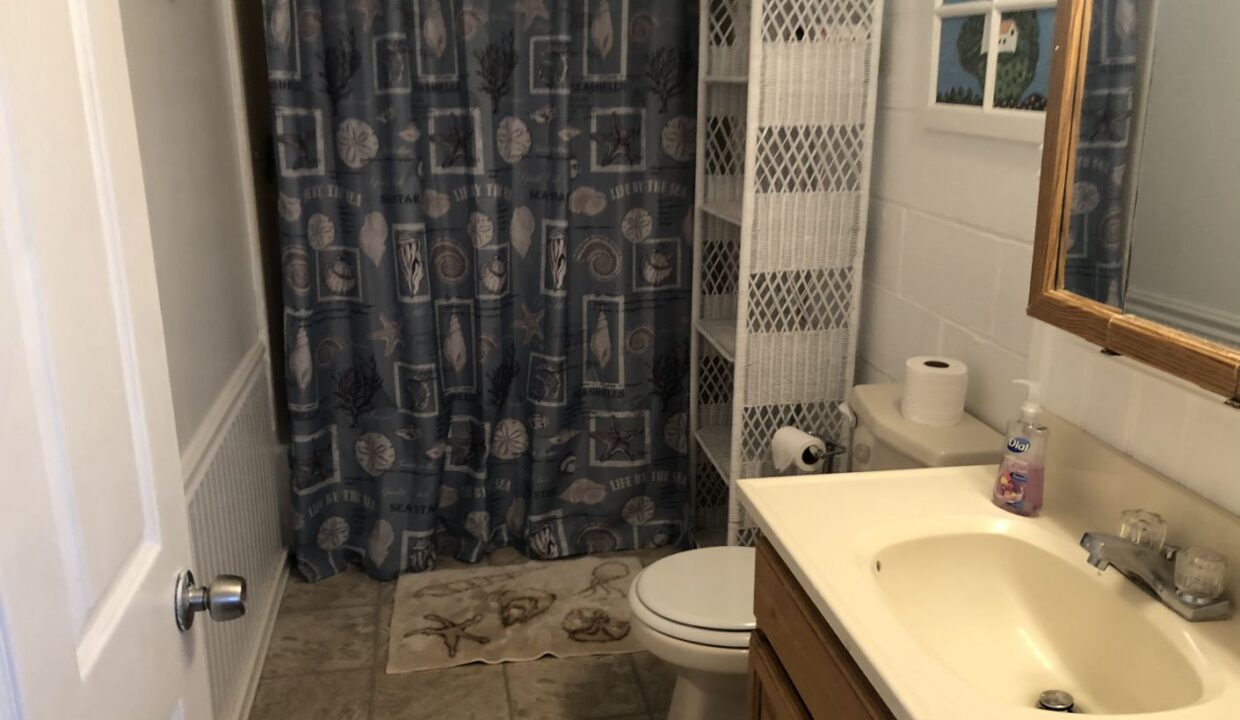 a bathroom with a toilet, sink, and shower curtain.