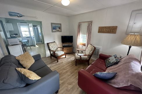 A living room with couches and a tv.