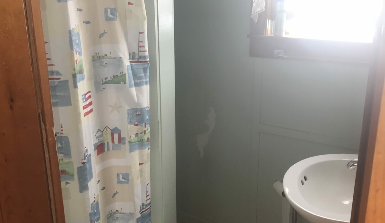 a bathroom with a sink and a shower curtain.