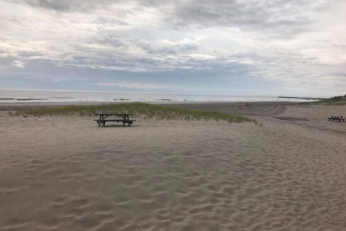 a picnic table in the middle of a sandy beach.