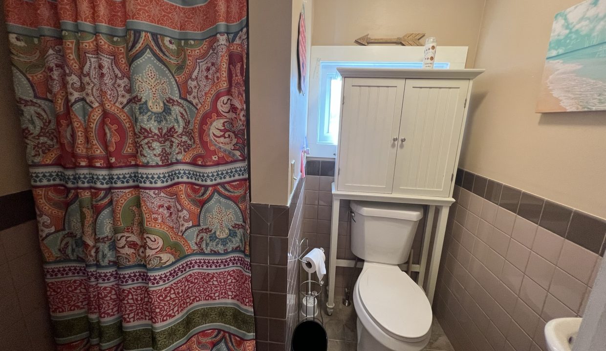 a bathroom with a toilet, sink, and shower curtain.