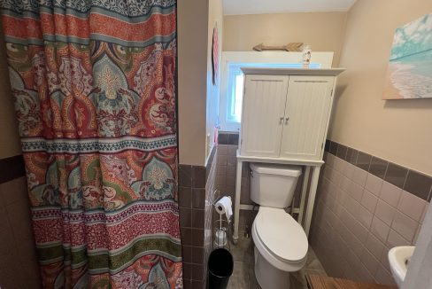 a bathroom with a toilet, sink, and shower curtain.