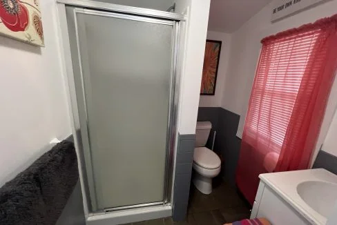 a bathroom with a shower, toilet and sink.