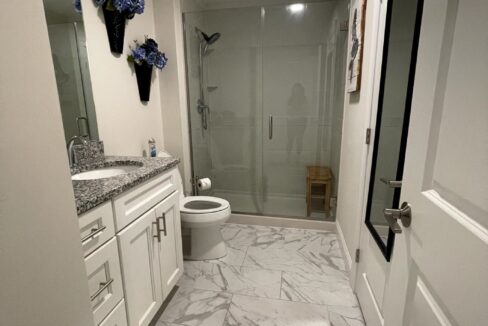 a bathroom with a toilet, sink, and shower.