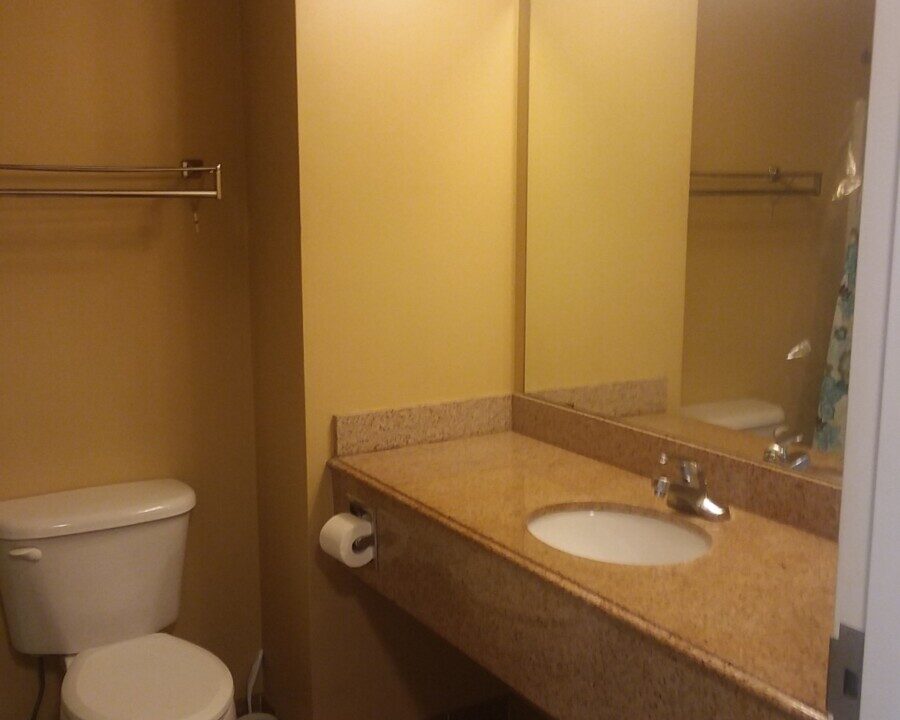 a bathroom with a toilet, sink, and mirror.