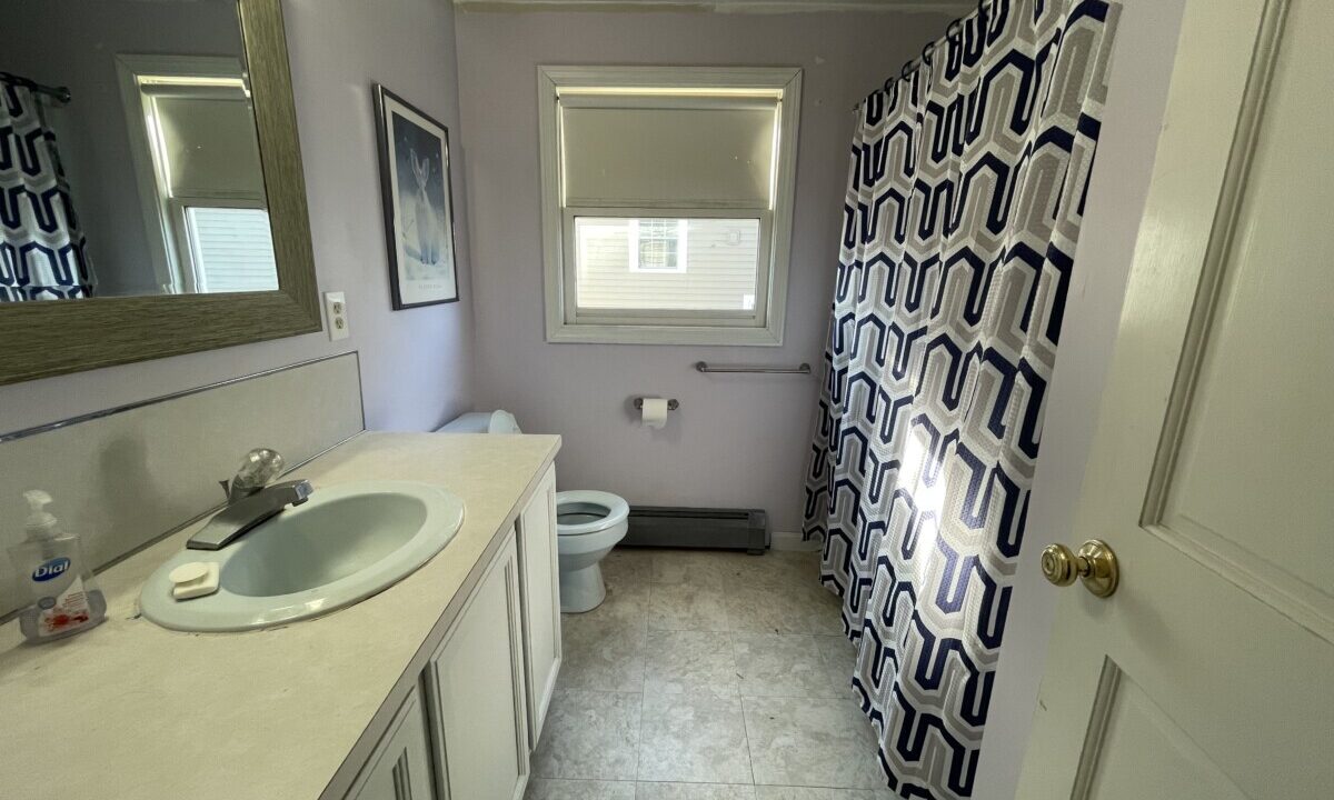 a bathroom with a toilet, sink, and shower curtain.