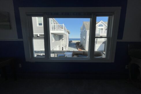 a dog is looking out of a window.