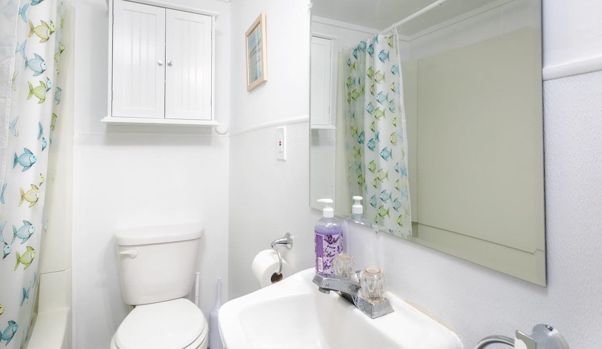 A clean and bright bathroom with a shower curtain, toilet, and sink.