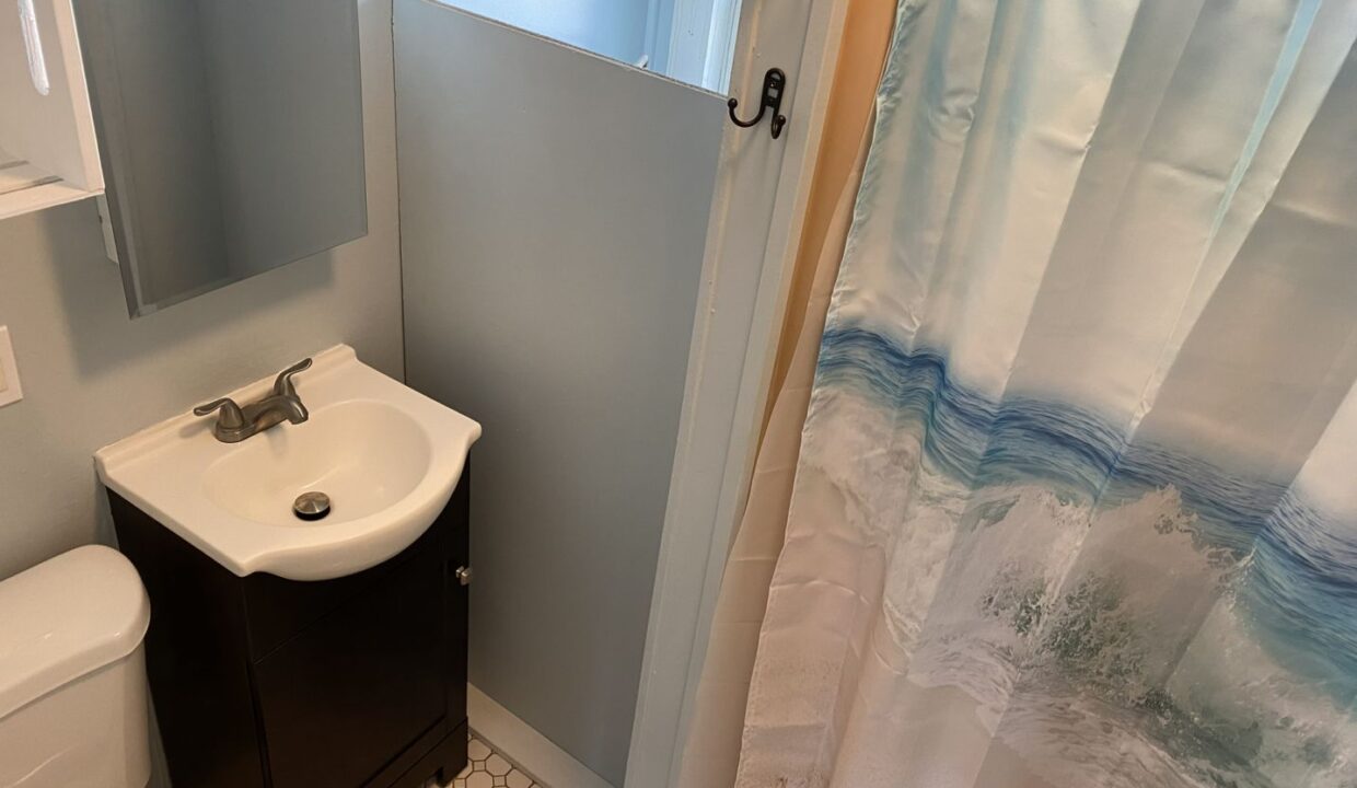 a bathroom with a sink, toilet, and shower curtain.
