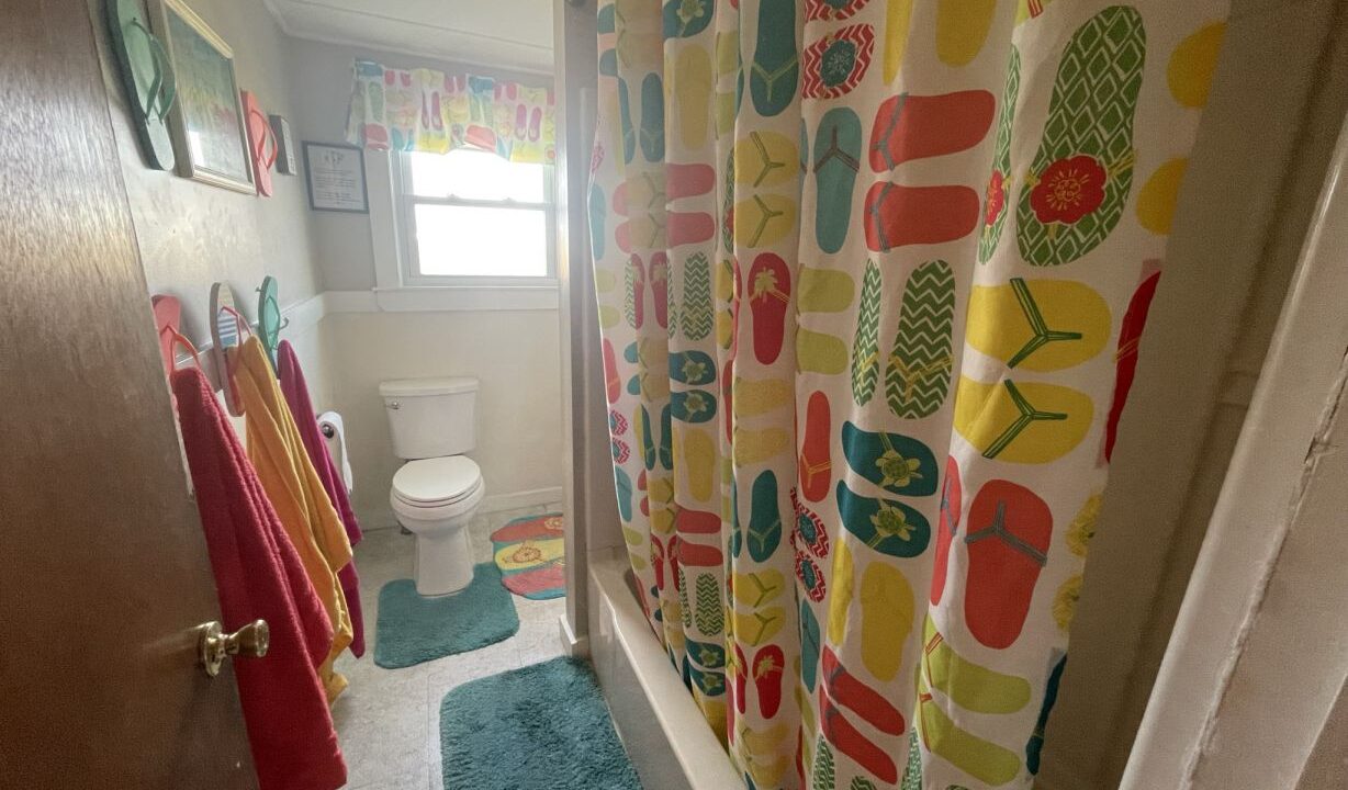 a bathroom with a colorful shower curtain and rugs.