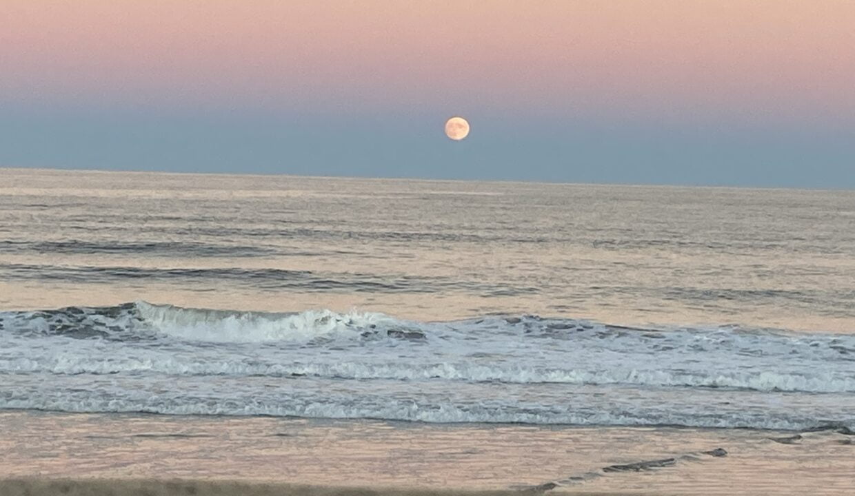 a full moon is seen over the ocean.