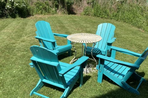 a dog sitting in the grass near a table and chairs.