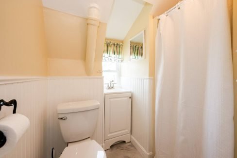 A bright, cozy bathroom with a white shower curtain, toilet, and vanity.
