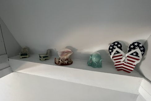 a pair of patriotic flip flops on a shelf.