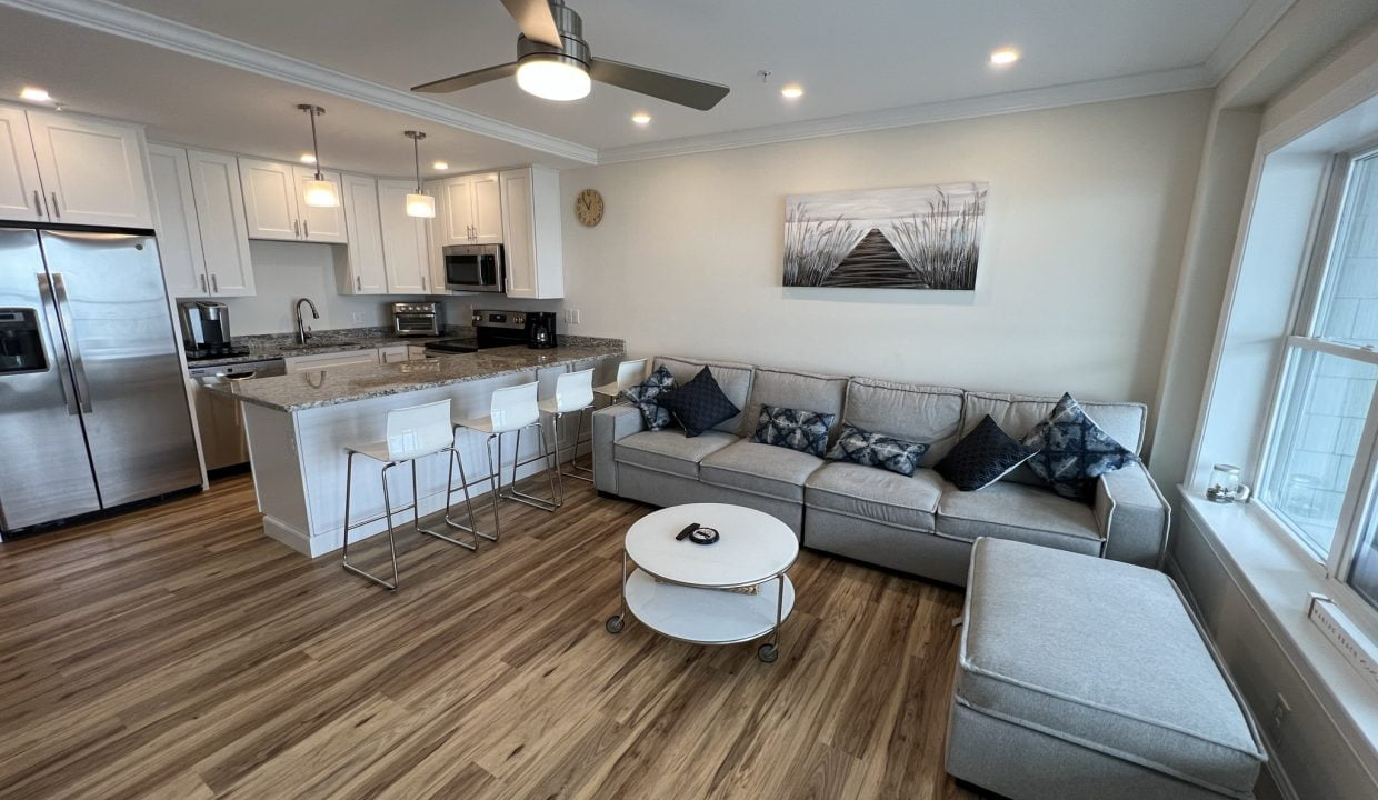 a living room filled with furniture and a kitchen.