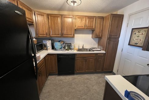 a black refrigerator freezer sitting inside of a kitchen.