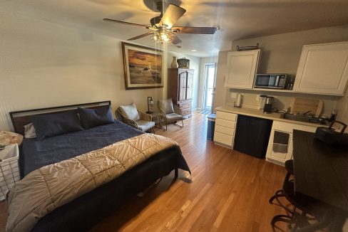 a bedroom with a bed, a desk, and a microwave.