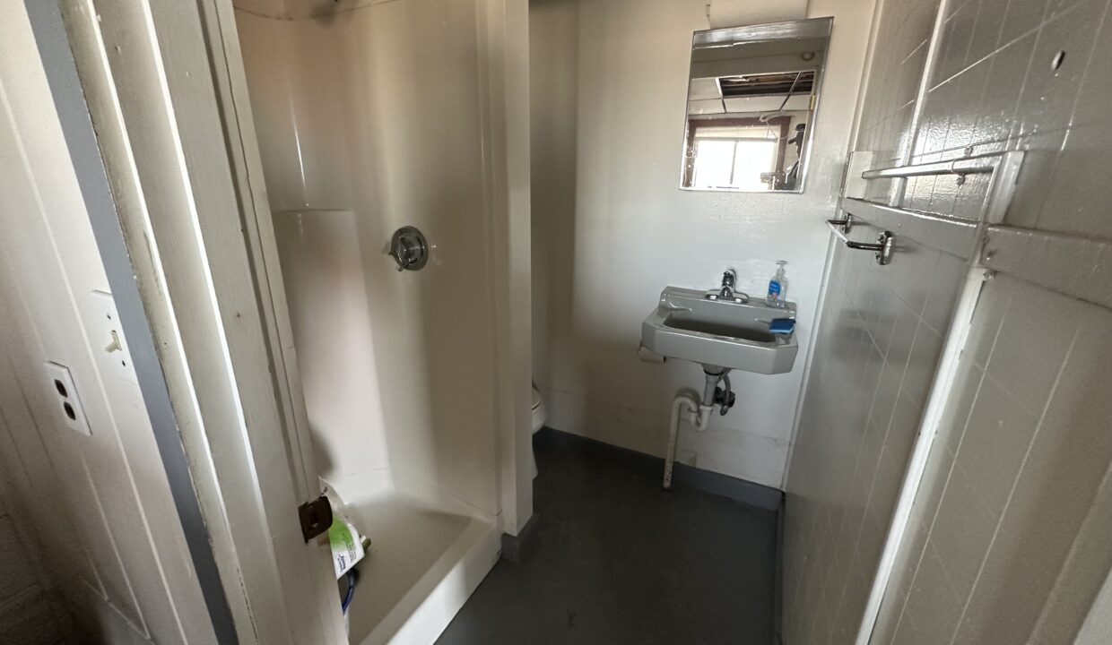 a bathroom with a sink and a shower.