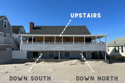 a beach house with the words upstairs above it.