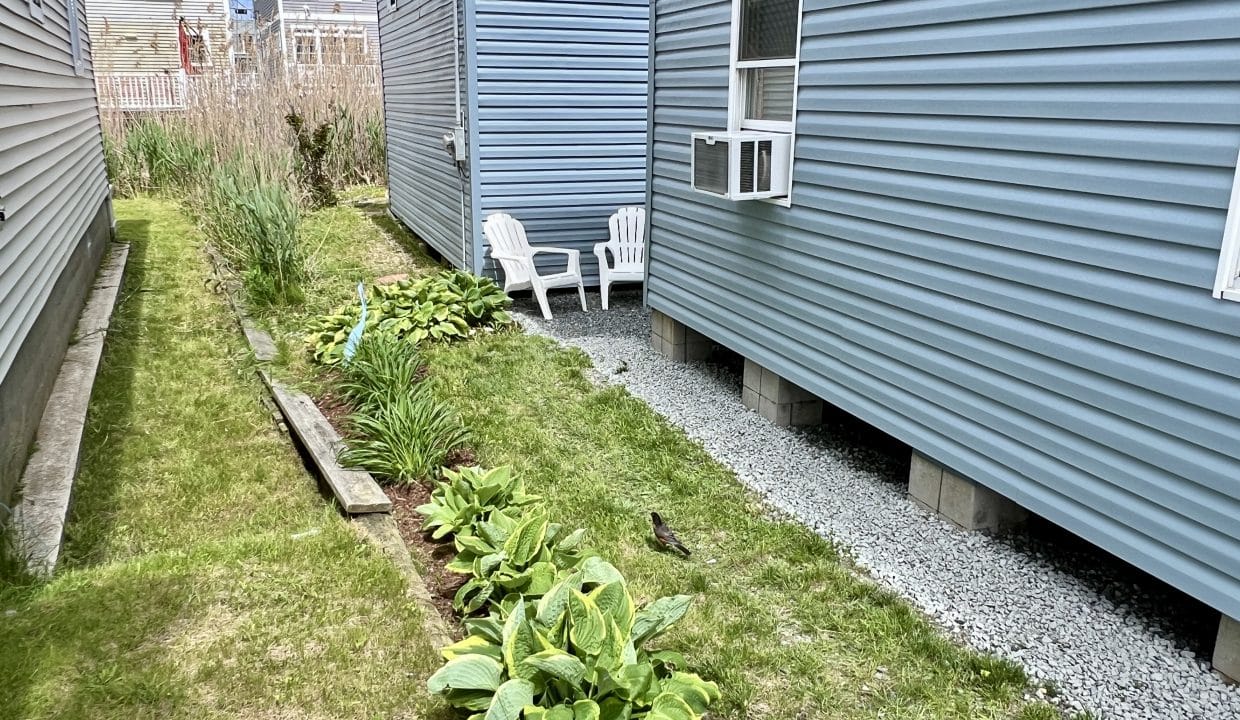 A narrow yard with green plants and grass between two blue houses, featuring two white chairs on a gravel area near one house.