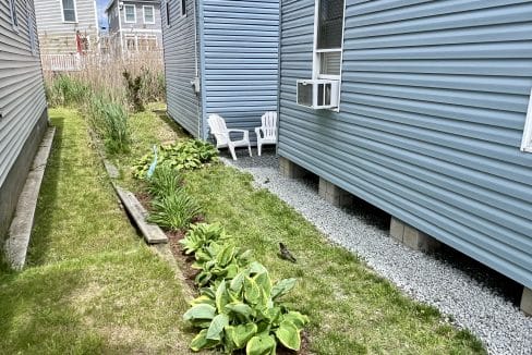 A narrow yard with green plants and grass between two blue houses, featuring two white chairs on a gravel area near one house.