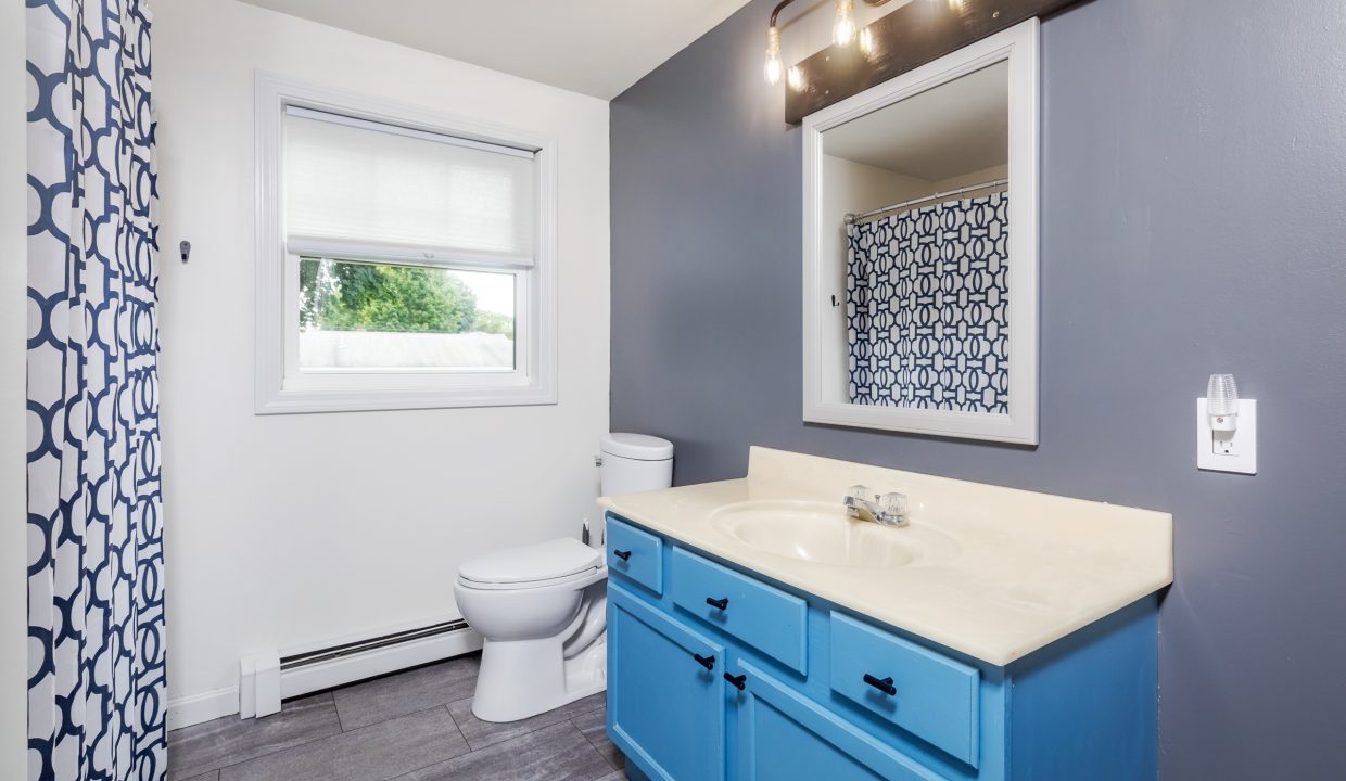 A bathroom with blue cabinets and a white toilet.