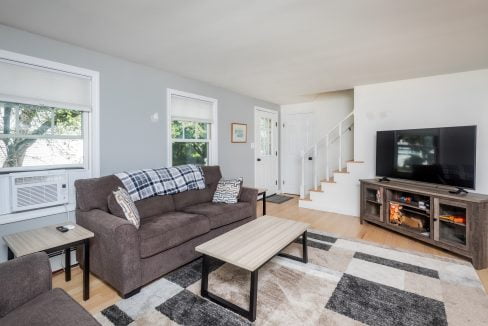 A living room with couches and a tv.