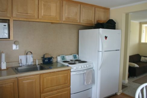 A small kitchen with a white refrigerator and a stove.