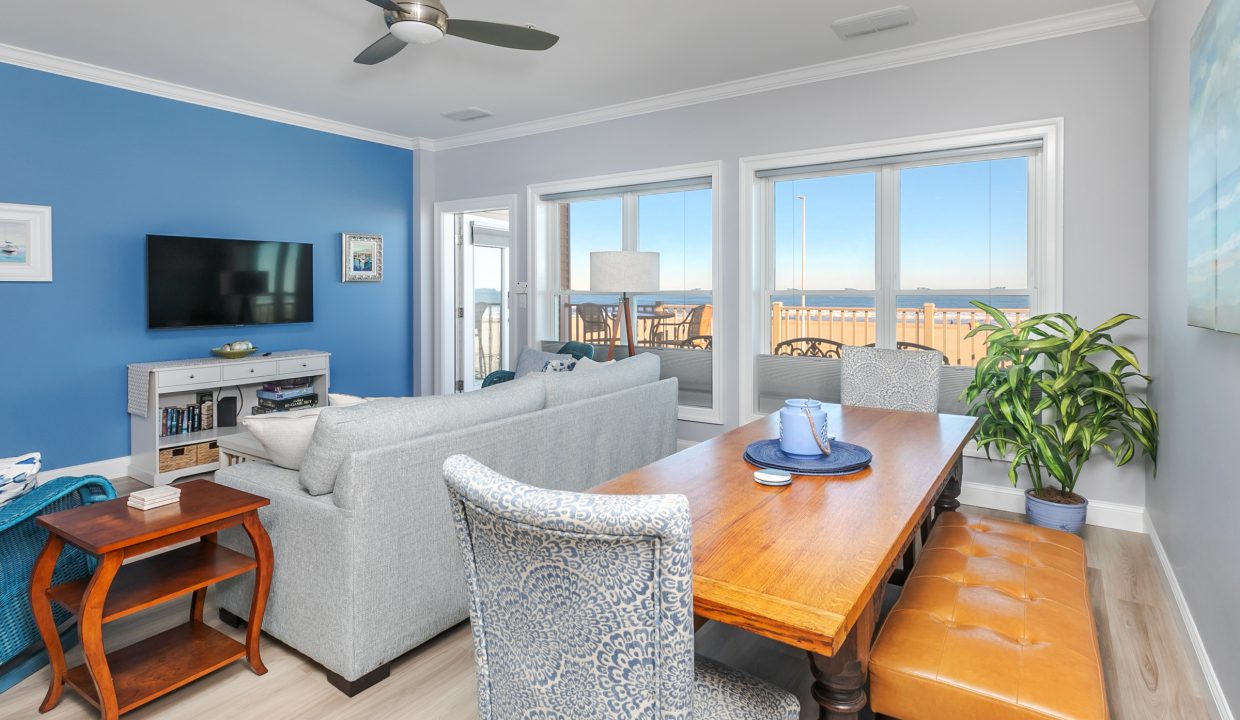 A living room with a blue wall.