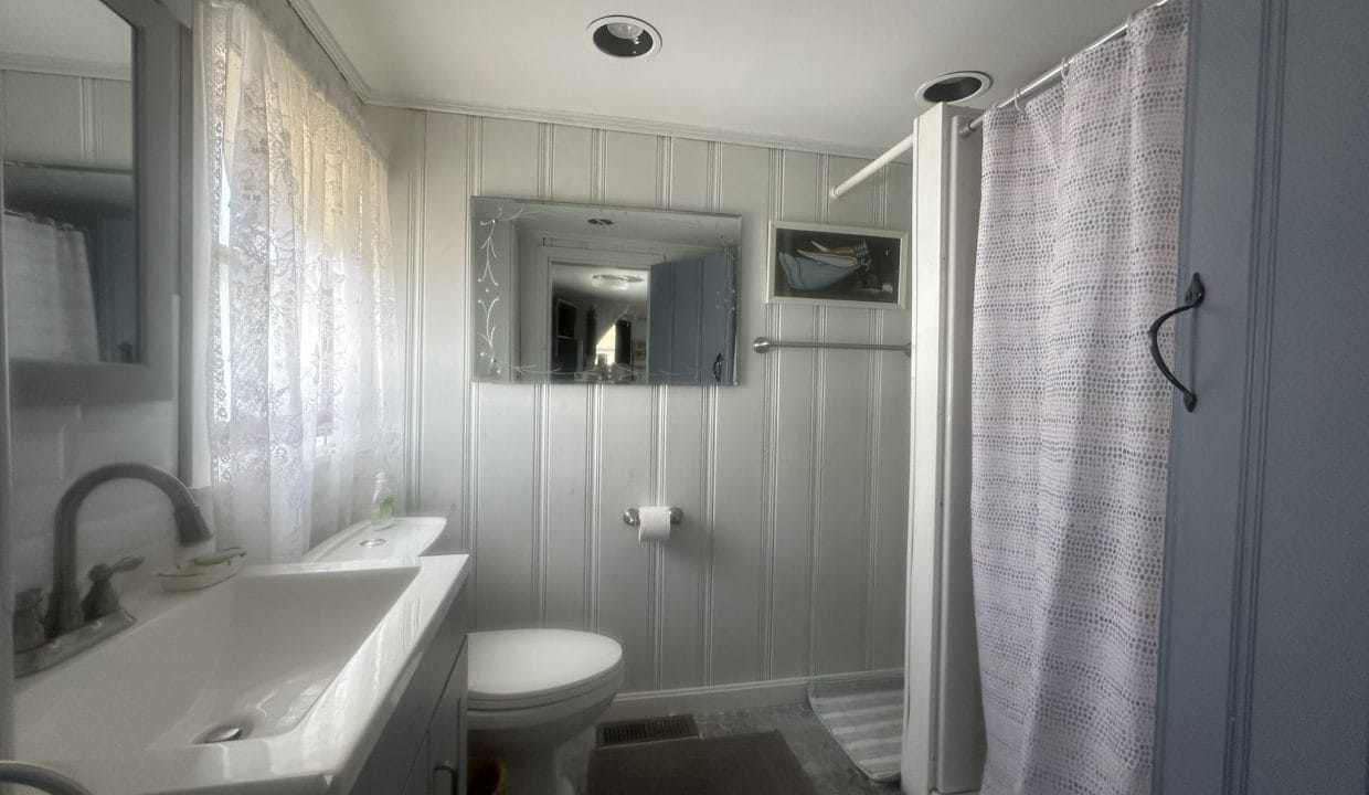 Small bathroom with light gray paneled walls, a sink and mirror on the left, toilet in the center, and a shower with a curtain on the right. Natural light comes through a window.