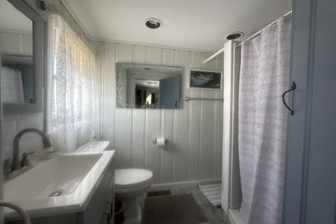Small bathroom with light gray paneled walls, a sink and mirror on the left, toilet in the center, and a shower with a curtain on the right. Natural light comes through a window.