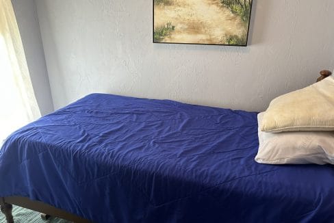 A twin bed with a blue comforter and two stacked pillows is positioned against a light-colored wall, beneath a landscape painting.