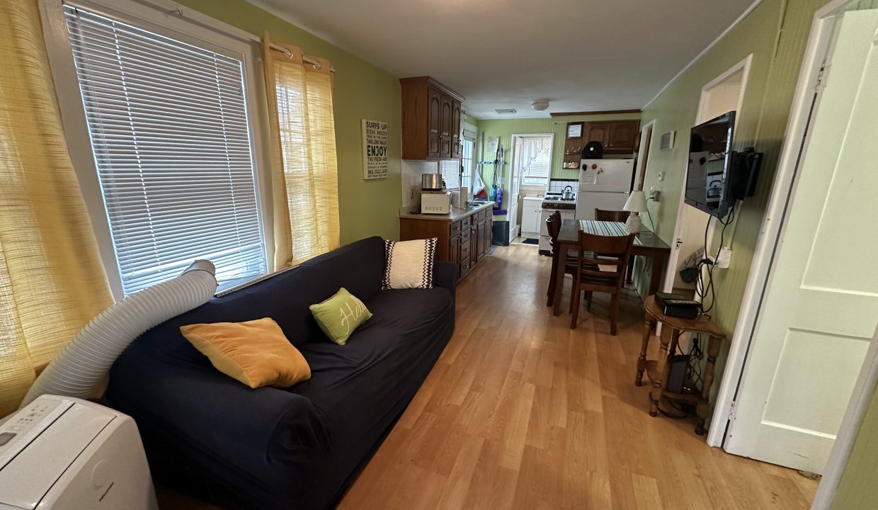 A living room with a couch and a refrigerator.