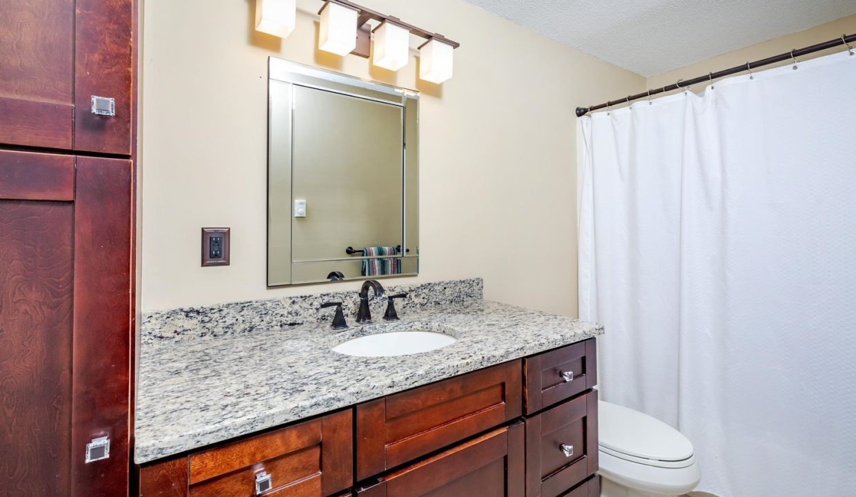 A bathroom with a marble countertop and a toilet.