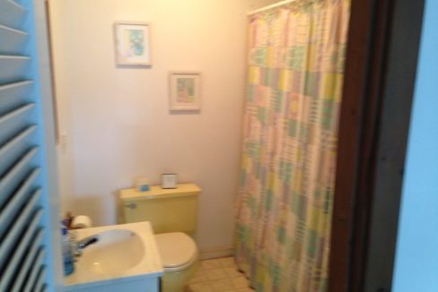 A small bathroom with a pastel shower curtain and basic fixtures.