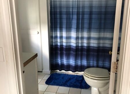 A small bathroom with a blue-striped shower curtain and coordinated blue bath mat.