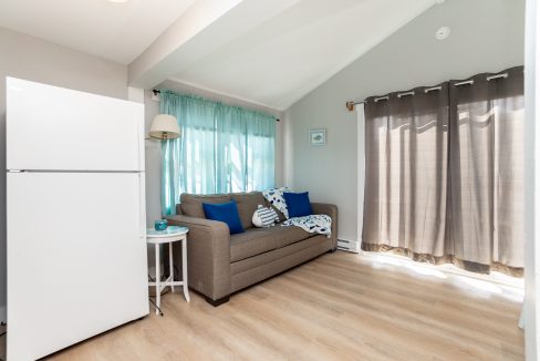 A neatly-arranged studio apartment with a sofa, refrigerator, and ample natural light.
