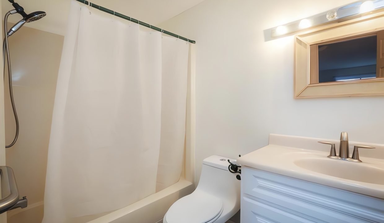 A small, well-lit bathroom with a white shower curtain, toilet, and sink vanity under a mirrored cabinet.