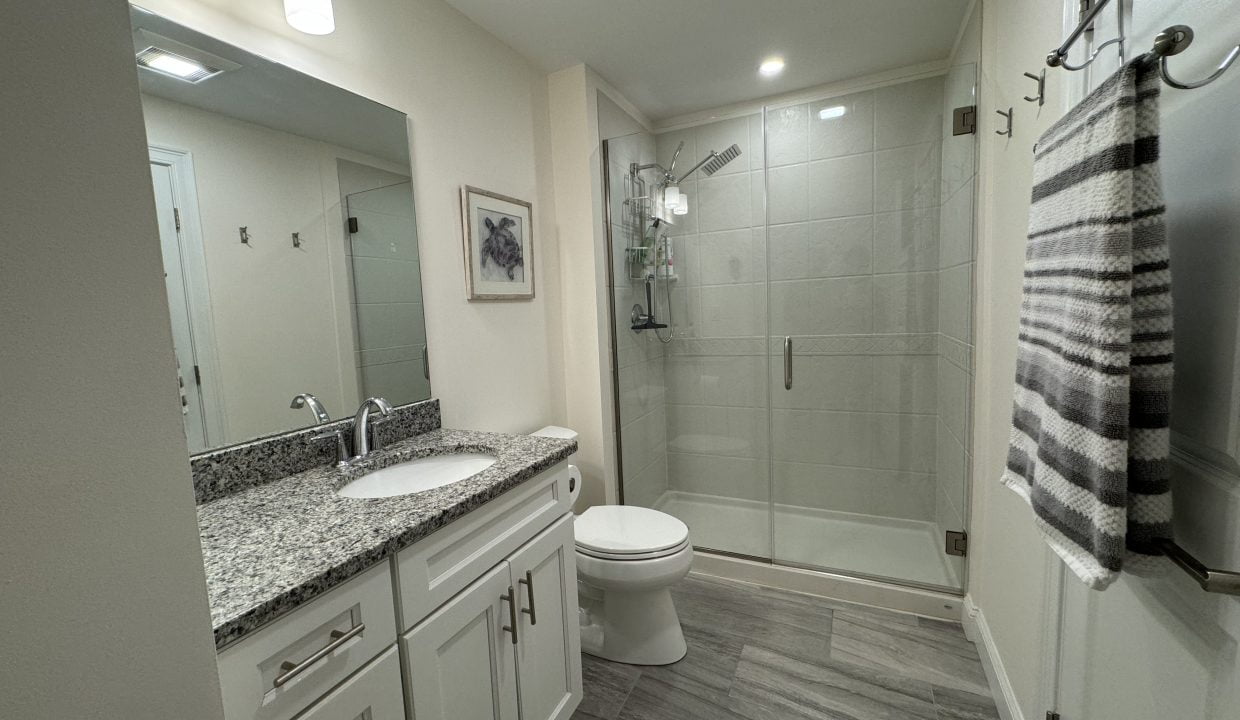 Modern bathroom interior with shower stall, vanity, and mirror.