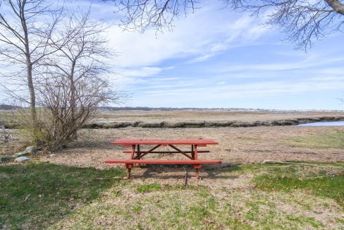 A red picnic table on grass near a leafless tree, overlooking a marsh with distant water and clear sky.