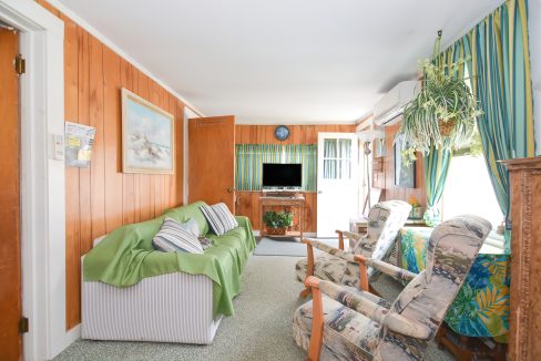 A cozy, well-lit living room with wooden paneling, floral curtains, and ample seating including a couch and chairs, a television set, and various houseplants.