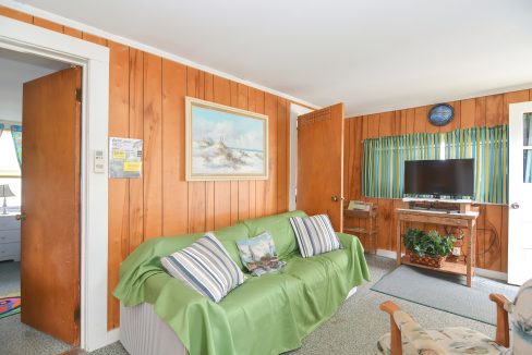 Cozy living room with wooden paneling, a green sofa, striped pillows, a tv, and maritime-themed decor.