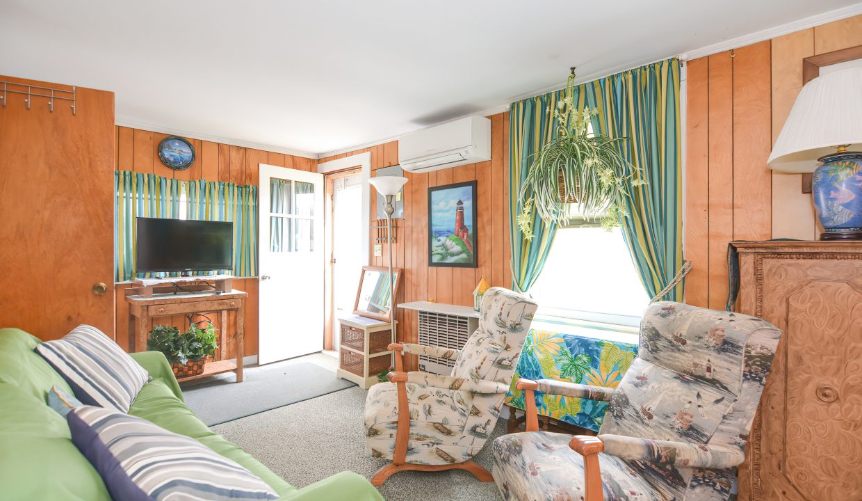 A brightly lit living room with green couch, patterned chairs, wood paneling, a television, and large window with curtains.