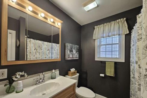 Modern bathroom interior with neutral tones, featuring a vanity with a large mirror and overhead lighting, alongside a patterned shower curtain and a window with a valance.