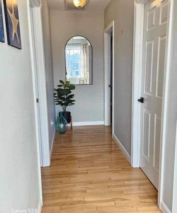 A bright hallway featuring wooden floors, white doors, and a decorative mirror on the wall.