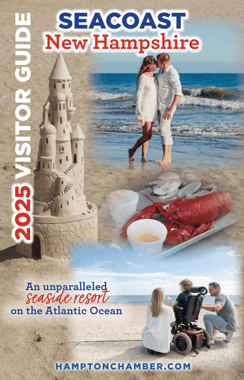 A visitor guide cover for Seacoast, New Hampshire, featuring a couple walking on a beach, a sandcastle, a lobster meal, and a person in a wheelchair with a beach view.