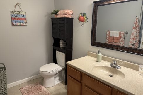 A bathroom with a sink, mirror, toilet, storage cabinet, towel rack, laundry basket, and beach-themed decor.